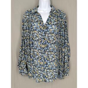 J Jill Top Womens LP Blue Yellow Floral Tunic Long Sleeve Button Pullover Flowy
